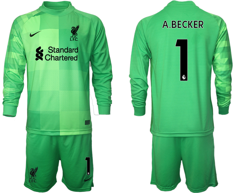 Men 2021-2022 Club Liverpool green goalkeeper Long Sleeve #1 Soccer Jersey->liverpool jersey->Soccer Club Jersey